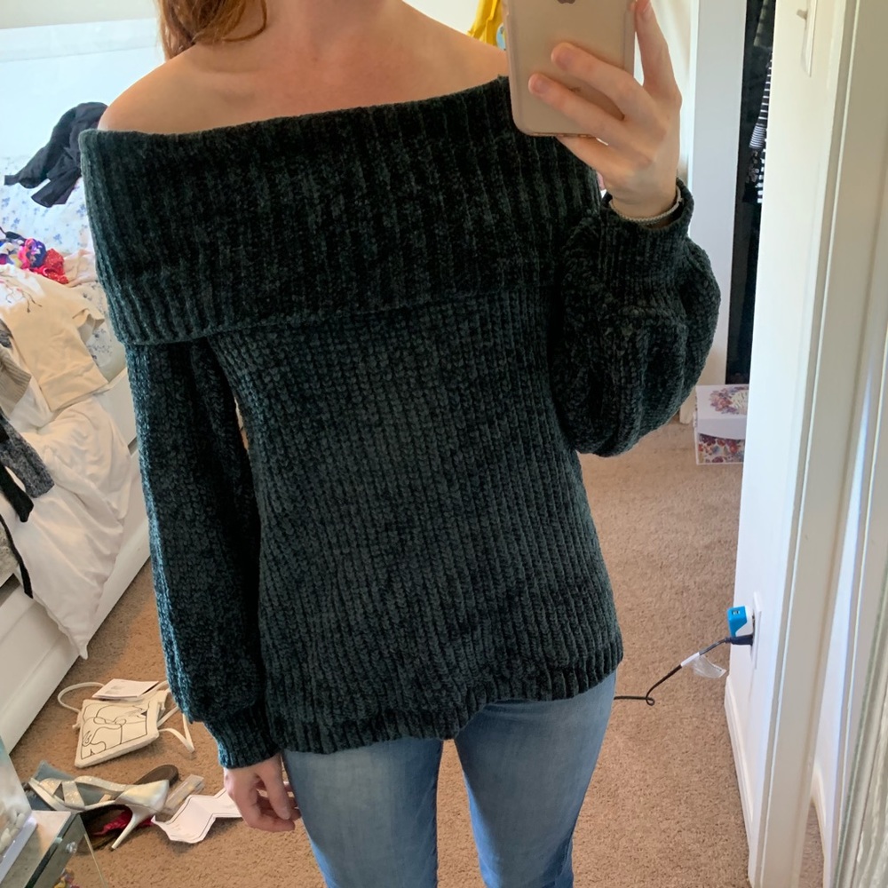 Soft Green Off The Shoulder Or Cowel Neck Sweater